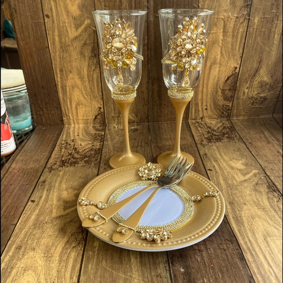Gold crystalchampagne flutes forks cake plate - Picture 2 of 8
